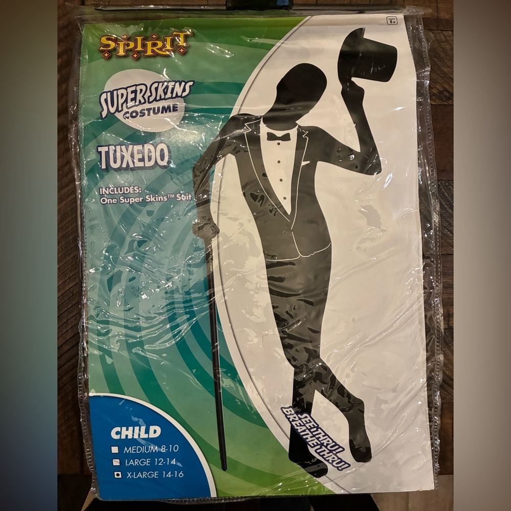 Tuxedo Super Skins Costume for kids - Black Sz XL 14-16 Includes Top Hat